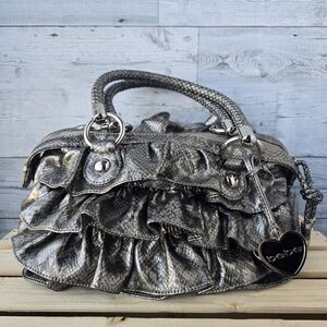 Bebe Metallic Silver Ruffled Satchel Handbag Snake Print Design